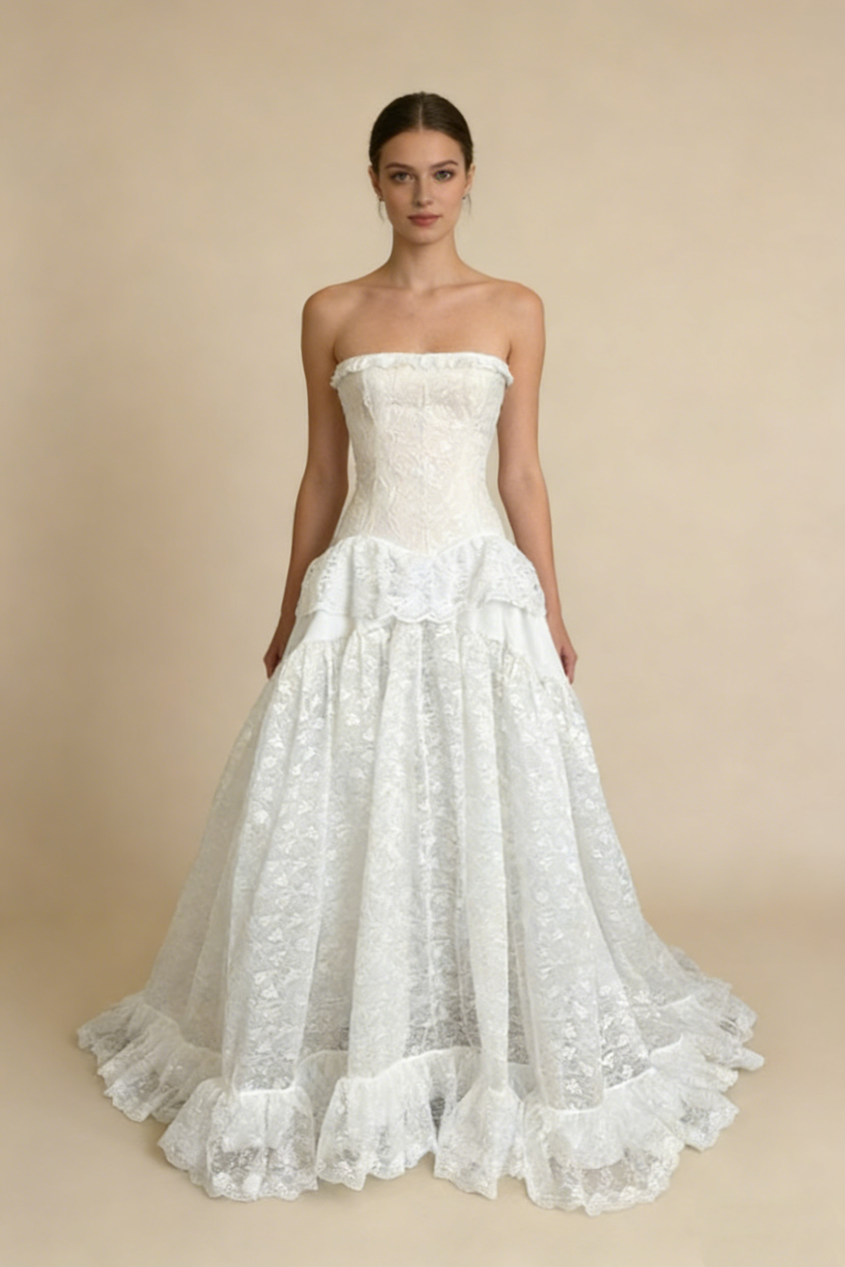 White Strapless A-Line Lace Long Party Dress Vintage Wedding Dress, HZ0427