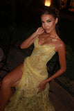 Modest Senior Prom Dresses High Schools Inspiration Mermaid Sweetheart Yellow Lace With Slit Semi Formal Grad Long Prom Dress For Teens HZ0311