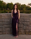 Sexy Sheath Spaghetti Straps Grape With Slit Sequin Evening For Women Party Dress Long Formal Prom Dresses 22th Birthday Gown HZ0311