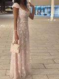 Elegant A line Floral Pattern Backless Short Sleeve Prom Dress Formal Dresses HZ0311